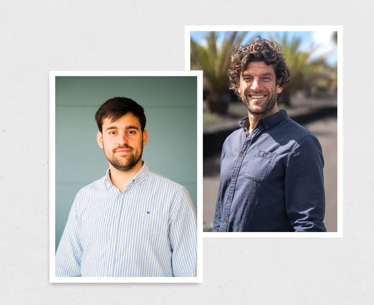 Dos retratos colocados en composición: a la izquierda, un hombre joven con camisa de rayas claras sobre un fondo verde; a la derecha, otro hombre con camisa azul oscura sonriendo al aire libre, con un paisaje volcánico y vegetación de Lanzarote al fondo.