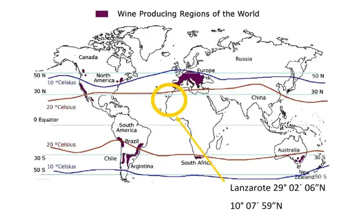 Mapa del mundo con una flecha que señala la isla de Lanzarote, mostrando sus coordenadas geográficas: 29° 02´ 06”N y 10° 07´ 59”O.