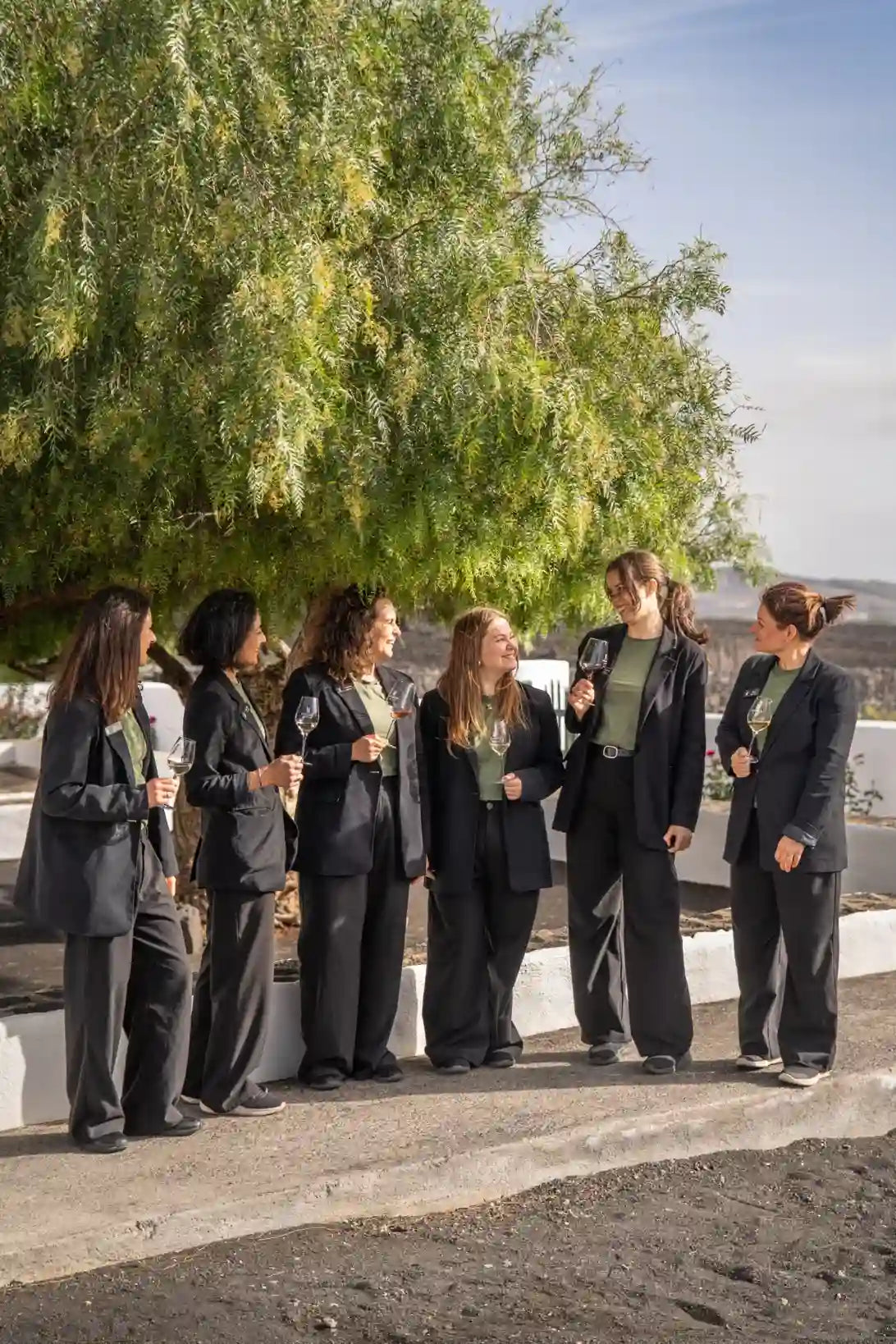 Grupo de guías brindando con copas de vino bajo un frondoso árbol, en un ambiente distendido y soleado