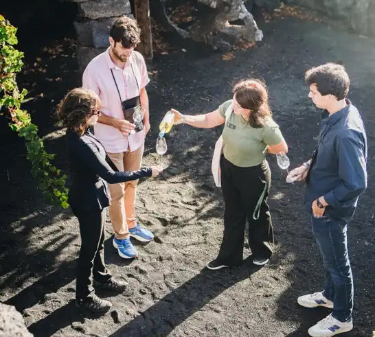 Grupo de personas en visita guiada en viñedo volcánico de Lanzarote, degustando vino al aire libre en Bodegas El Grifo.