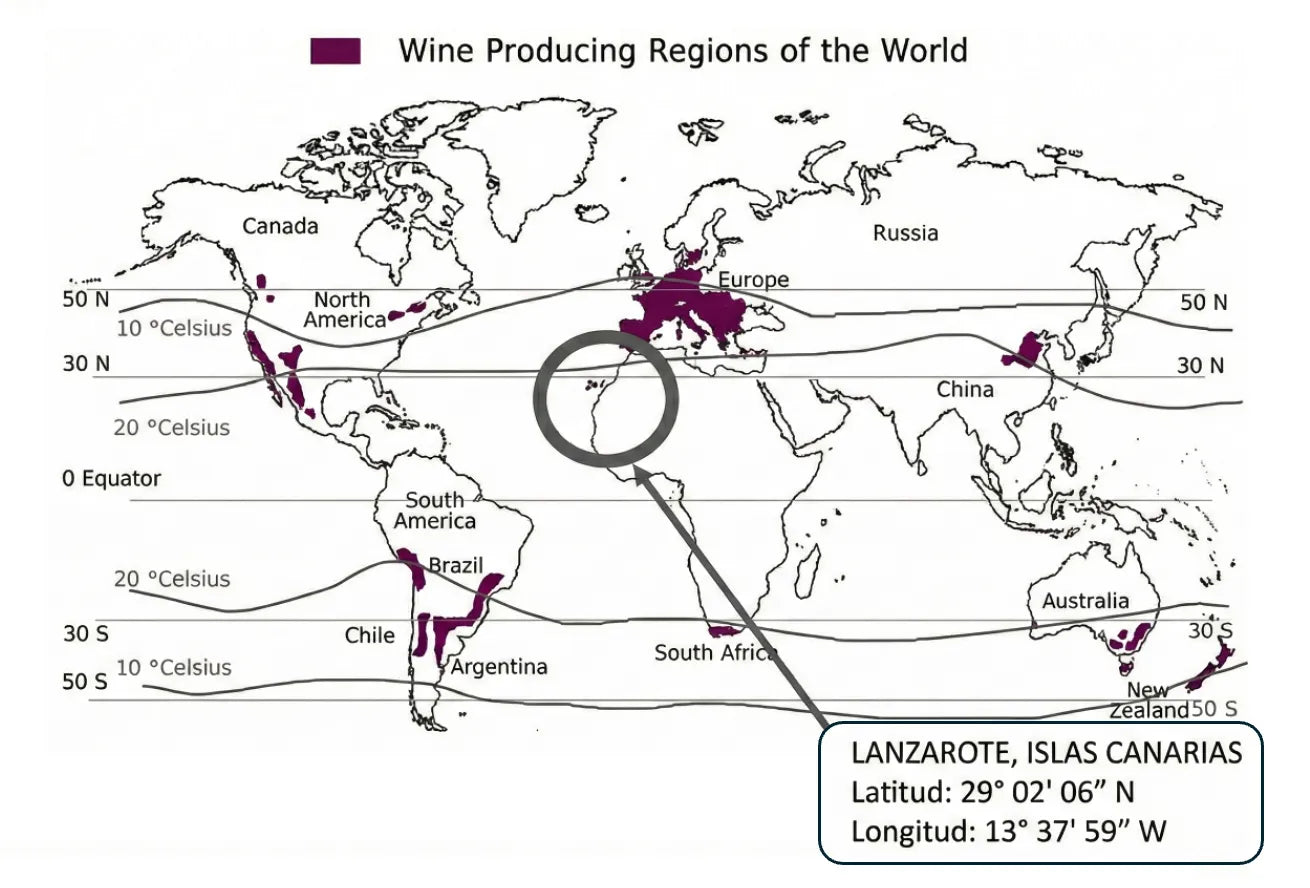 Mapa del mundo con una flecha que señala la isla de Lanzarote, mostrando sus coordenadas geográficas